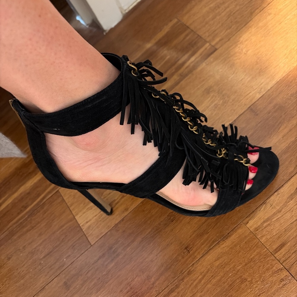 Vince Camuto Black Heels with Gold Fringe Detail